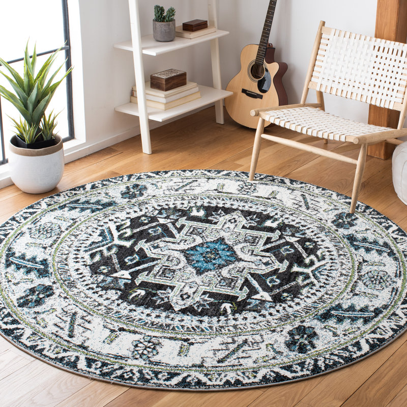 Tapis oriental gris foncé / ivoire, Rond 6 pi 7 po