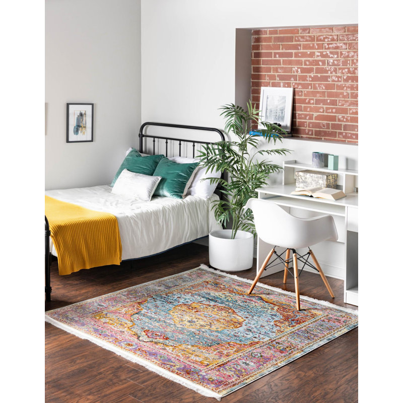 Tapis contemporain à motif de vagues multicolores, Carré 8 pi 2 po