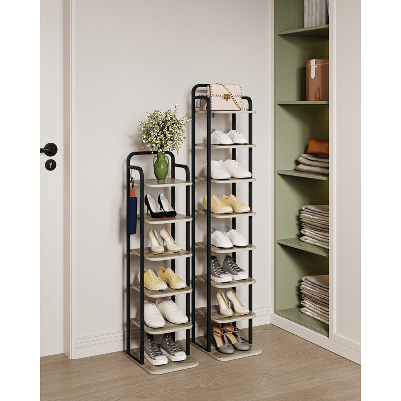 Vertical Shoe Rack, Shoe Shelves, Wood Shoe Organizer for Closet, Entryway, Shoe Tower for Small Spaces, Free Standing, Adjustable, with 2 Hooks, 6 Tier