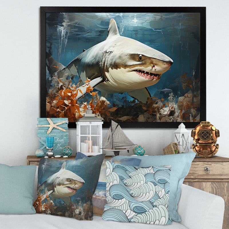 " Minimalism Shark Hunting ", 12" H x 20" W x 1" D, Black Picture Framed
