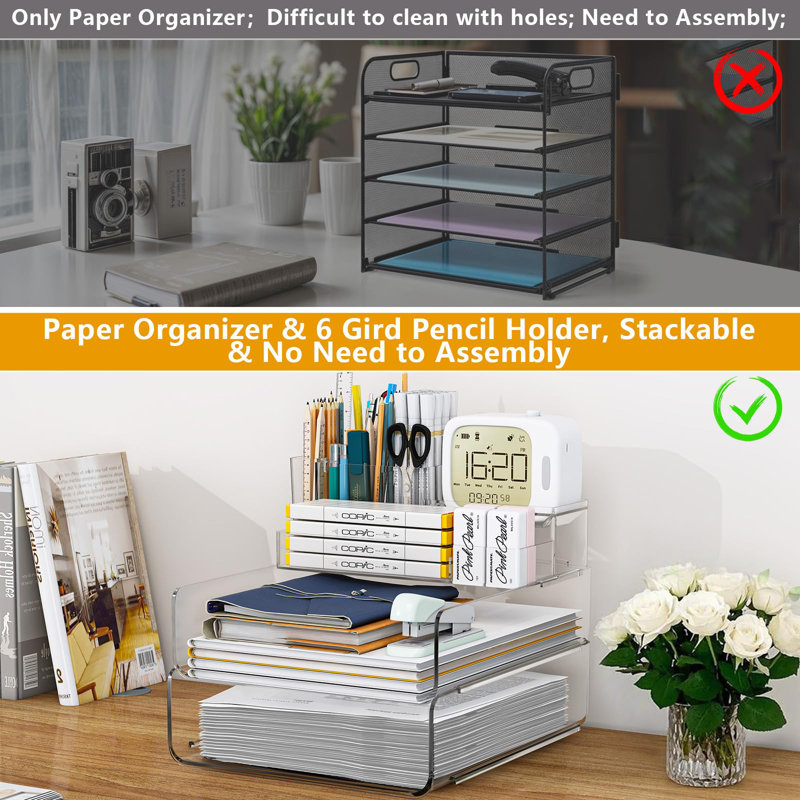 Acrylic Stackable Desktop File Organizer With 5-Compartment Tray And Pencil Holder, Clear