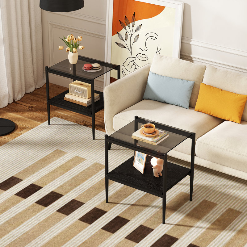 Glass End Table Set, Grey, Grey