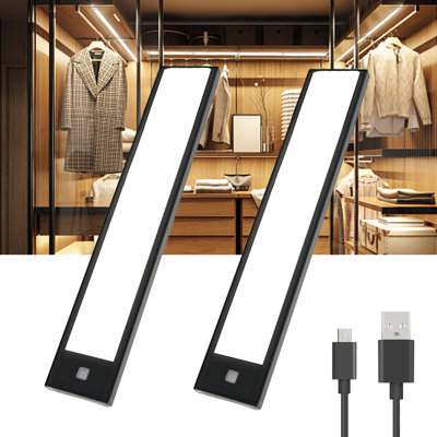 Veilleuse à détecteur de mouvement, 300 mm, luminosité du jour, conception mince en aluminium rechargeable, support magnétique pour placards et escaliers (ensemble de 2)