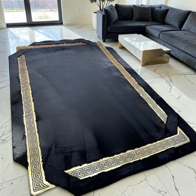 Tapis noir moelleux à bordure grecque, tapis moelleux doux de taille personnalisée_6X9ft, Rectangle 6 pi x 9 pi