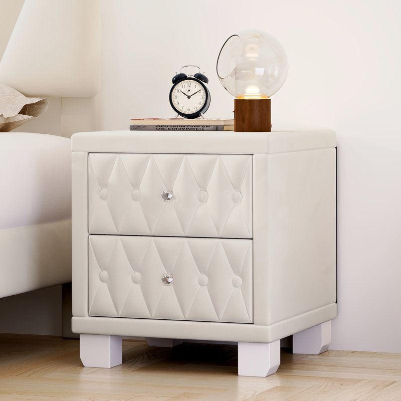 Table de chevet en velours exquis avec deux tiroirs et poignées en cristal, conception capitonnée pour un rangement et un style de chambre à coucher améliorés