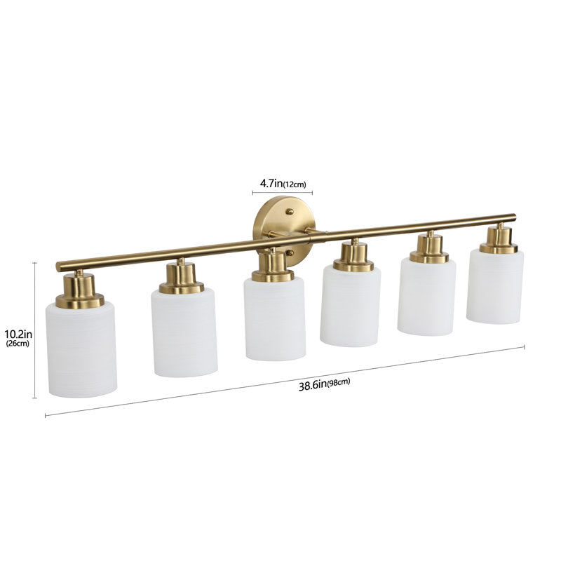 6- Bathroom Vanity , Golden, Frosted Glass Shades, Modern Wall Mounted Design Golden Glass, Fixture For Bath, 6 Lights, Gold