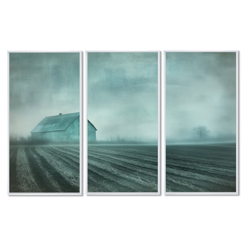 Décoration murale 3 pièces bleu sarcelle Misty Country Field I, H 40 po x l 60 po, Cadre flottant blanc