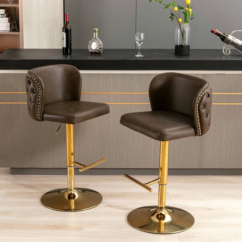 Meubles, tabourets de bar pivotants à hauteur de siège réglable, tabourets de bar rembourrés en polyuréthane moderne avec dossier complet capitonné, pour pub à domicile et îlot de cuisine (ensemble de 2)