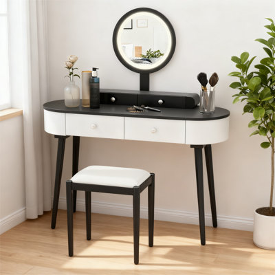 Vanity Table Set with LED Lighted Mirror, 3 Adjustable Lighting Dressing with Touch Switch, 4 Drawers, Cushioned Stool