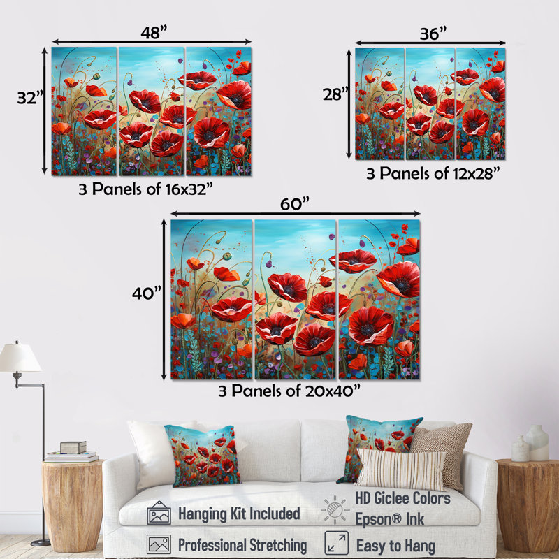 «Red Poppies Blossoming III», ensemble d'art sur toile, Toile tendue, H 40 po x l 60 po x P 1 po