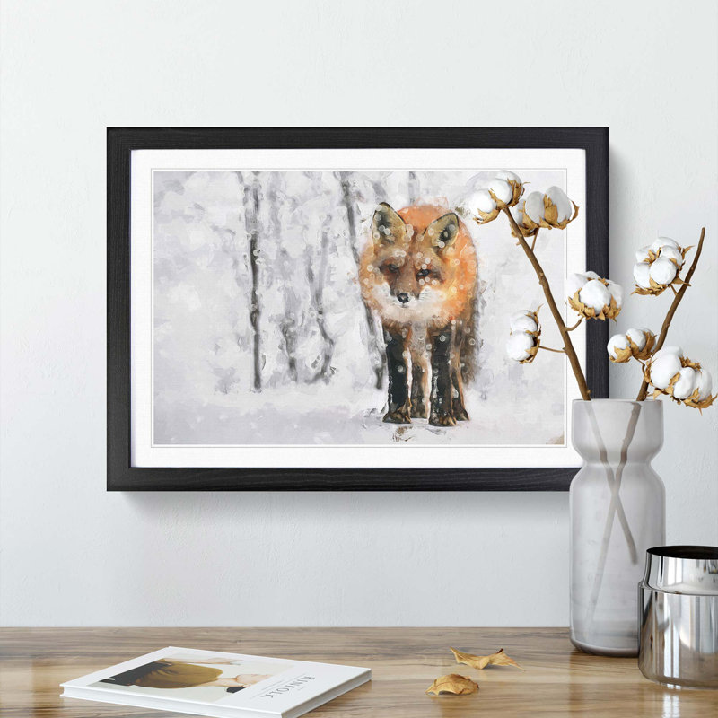 Red Fox in a Winter Forest in Abstract - Picture Frame Painting Print on MDF, 36cm H x 48cm W x 2cm D, Black Framed
