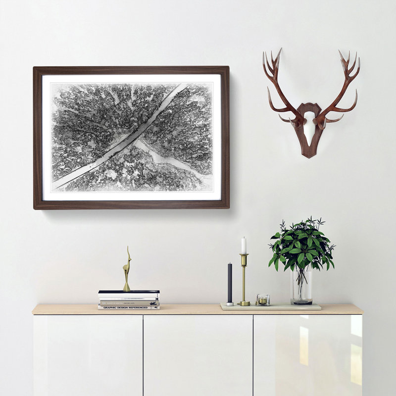 Road Through the Winter Forest Sketch - Picture Frame Graphic Art Print, 45cm H x 63cm W x 2cm D, Walnut Framed