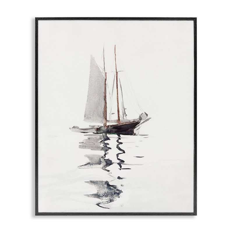 Tracile voilier flottant flottant seul, reflet de la giclée, art texturé par lettres et lignes, Giclée encadrée noir minuit