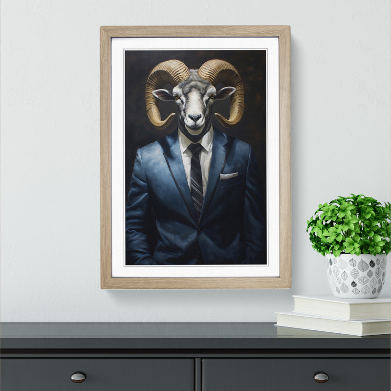 Ram Sheep in a Suit Painting - Framed Print, 46cm H x 34cm W, Oak Framed