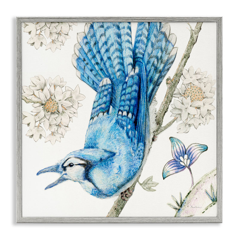 «Blue Jay Perché Florals», art de la giclée encadrée par Evelia Designs, Estampe numérique Farmhouse, H 24 po x l 24 po