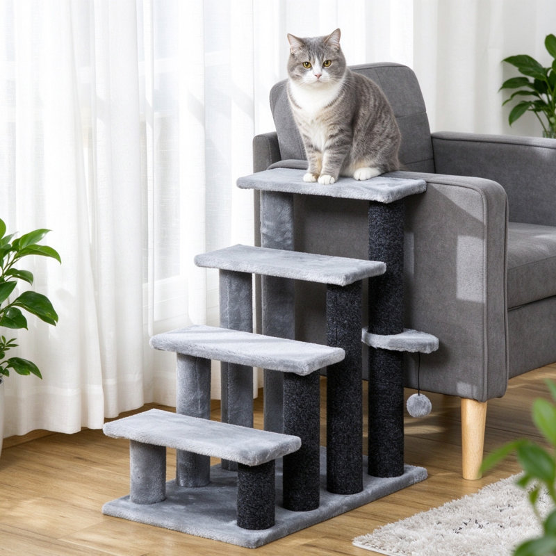 4-Step Pet Stairs with Scratching Posts, Platforms & Toy Ball, Grey
