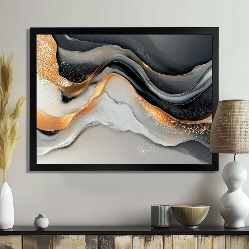 Impression sur toile transitionnelle abstraite moderne fractale dorée et grise IV, H 12 po x l 20 po, Picture Framed Print
