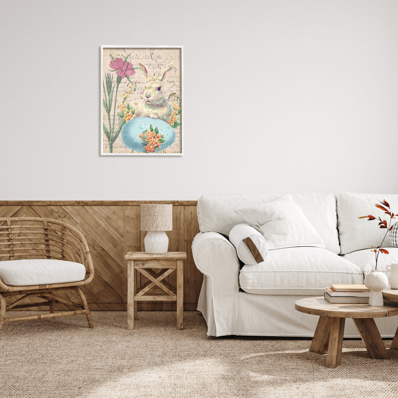 «Lapin de Pâques au printemps, œuf bleu» par Daphne Polselli - impression, H 30 po x l 24 po x P 1,5 po, Cadre blanc