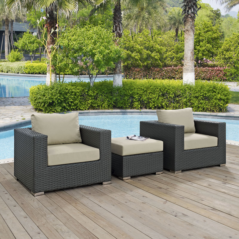Ensemble de conversation en rotin de 3 pièces avec coussins Sunbrella Brentwood, Beige antique