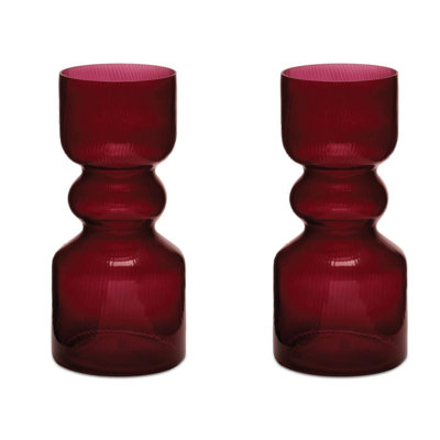 Red Ribbed Glass Vase (Set of 2)