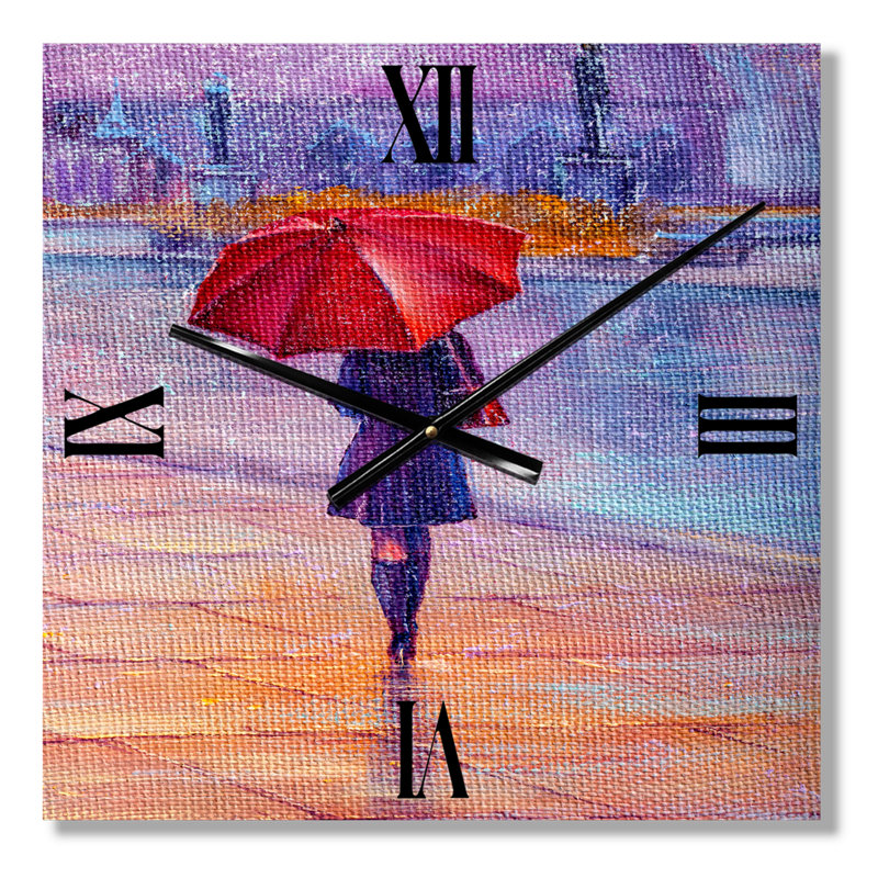 Femme marchant avec un parapluie sous la pluie - horloge murale campagne française, Grand