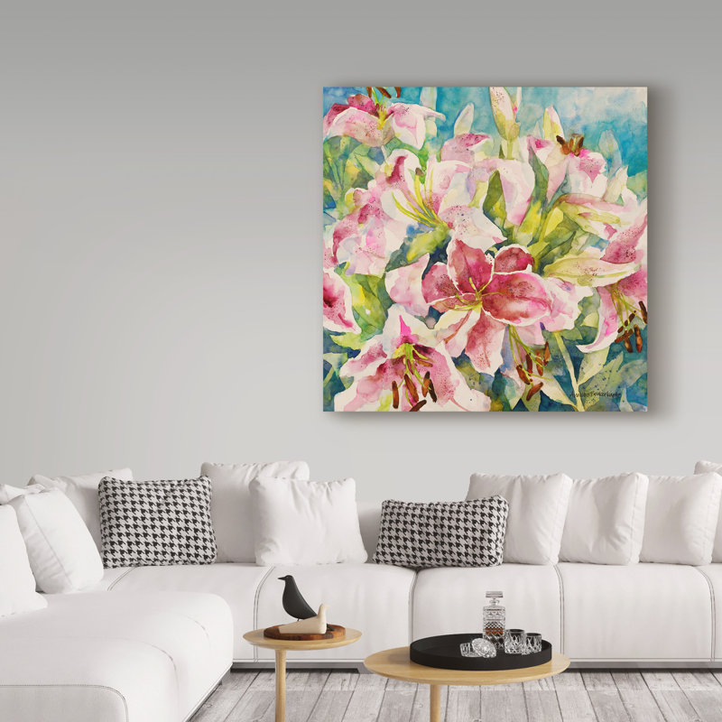 «Lilies sur bleu» par Mattox, reproduction d'aquarelle sur toile tendue, H 24 po x l 24 po x P 2 po