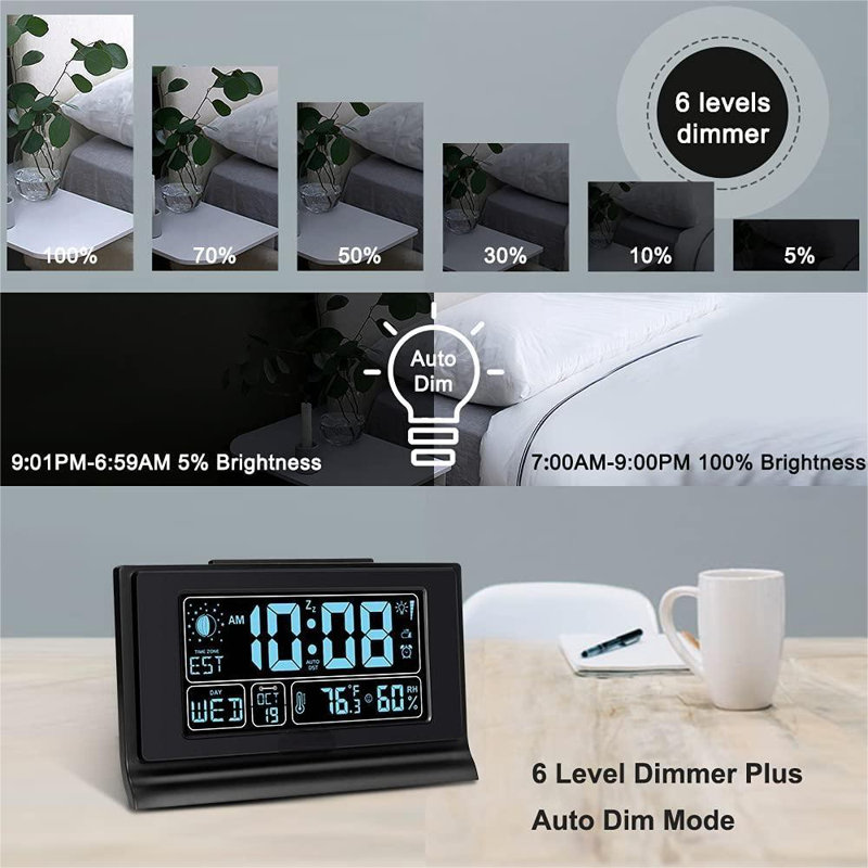 Alarm Clocks For Bedrooms With Battery Backup, Auto Set Digital Clock With Date And Day Of Week, Indoor Temperature Humidity, Moon Phase, Dimmer, Auto DST, USB Port