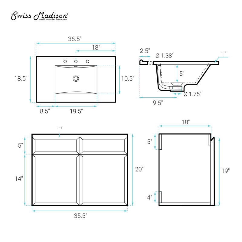 St. Tropez 36" Wall-Mounted Bathroom Vanity In Brown Oak With 3-Hole Widespread Sink Top, White, Brown, 36.5"