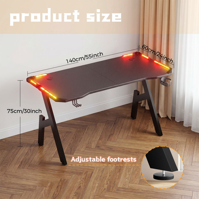 Gaming Desk with LED Lights, Large Computer Gaming Table with Carbon Fiber Coated for Home Office, Sturdy A-Shaped PC Gamer Desk Workstation with Cup Holder & Headphone Hook, Black