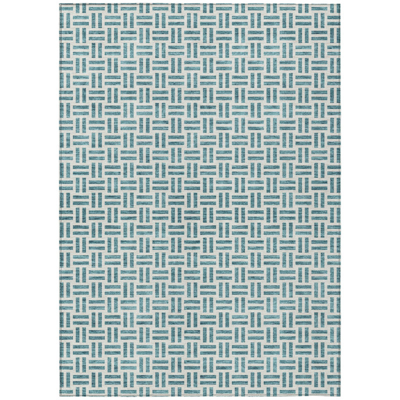 3' X 5' Teal Blue And Ivory Geometric Washable Indoor Outdoor Area Rug