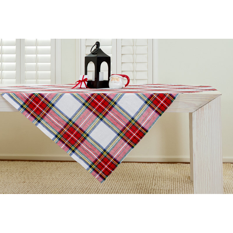 Stewart Plaid - 100% Pure Linen Christmas Table Runner, 108" x 14", Red/White