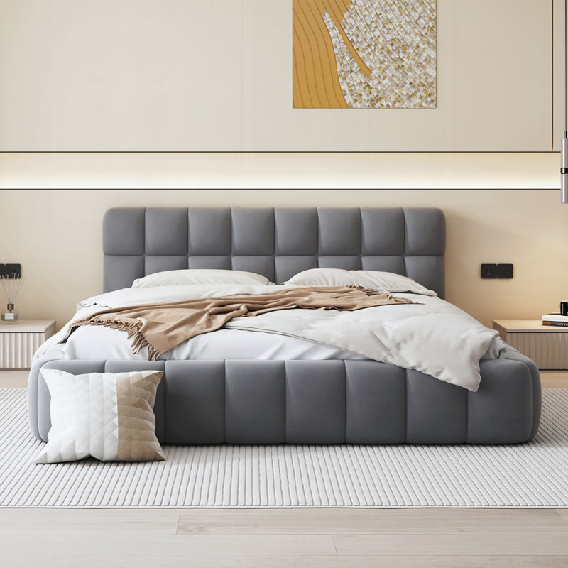 Lit plateforme tapissier avec tissu épais, Gris