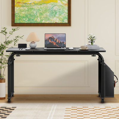 Adjustable Height & Length Overbed Table with Wheels, Heavy Duty Metal Desk with Tilt Board & Laptop Tray