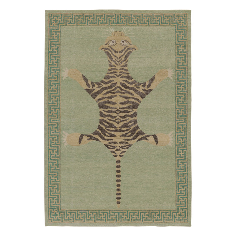 Rug & Kilim’S Distressed Tiger Rug In Green With Beige And Brown Pictorial
