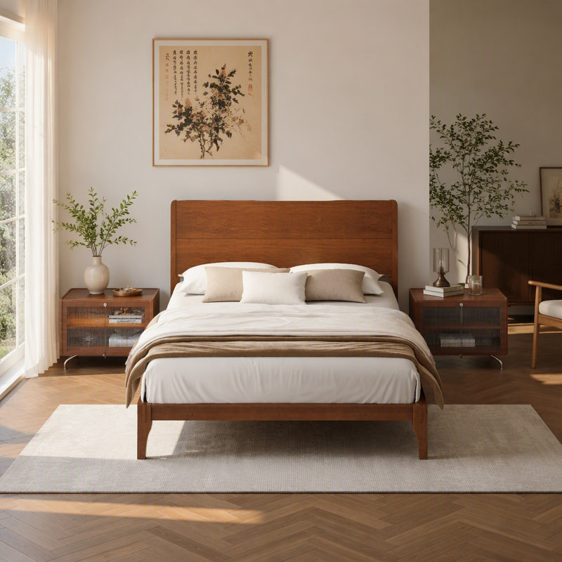 Lit plateforme moderne en bois de bambou de taille moyenne de 12 pouces avec support en métal et lattes de bois, aucun sommier nécessaire