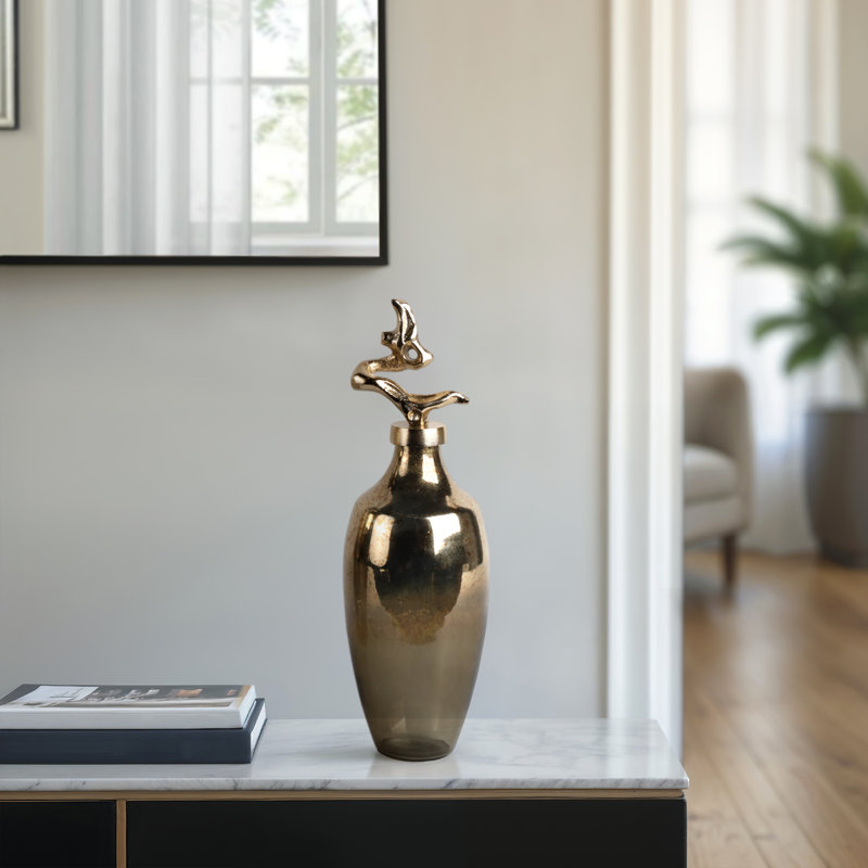 Decorative Glass Vase with Metal Lid for Home Table Decor - Tall Table Vase Accent Piece for Living Room and Flower Arrangement - Gold