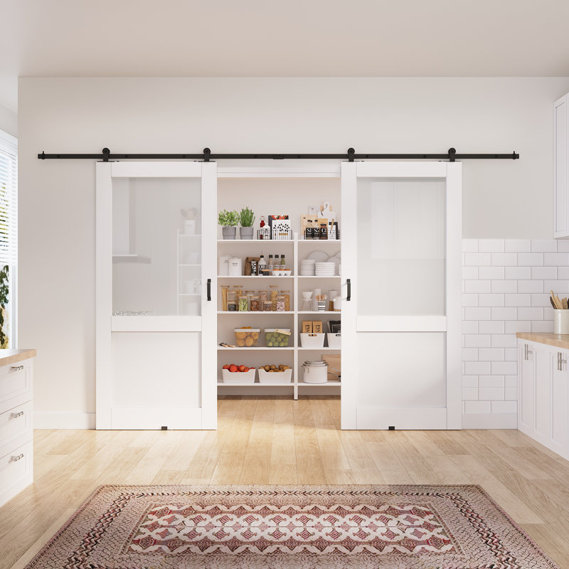 96in. And 80in.Half Lite White Door Slab Prefinished Surface With All Barn Door Hardware Kit, 72in.x 80in.