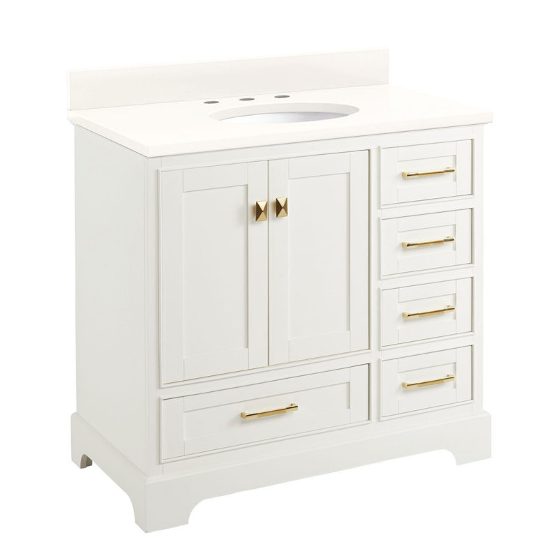 Quen 36" Freestanding Single Basin Vanity Set with Cabinet, Vanity Top, and Oval Undermount Sink, Soft White, Satin Brass