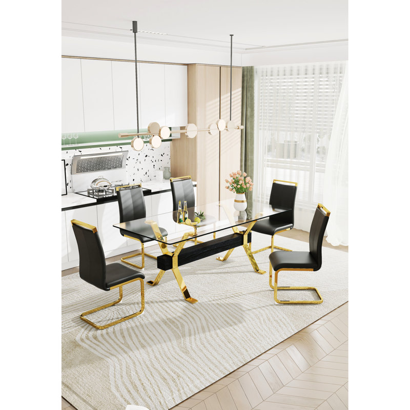 Table de salle à manger en verre transparent avec structure en métal pour les espaces de bureau à domicile