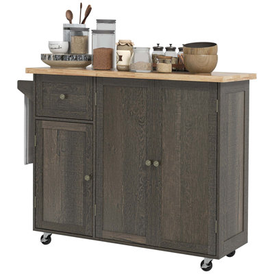 Triple-Cabinet Rolling Kitchen Island On Wheels With Storage, Adjustable Shelf, Wood Top, And Towel Rack For Enhanced Organization And Mobility