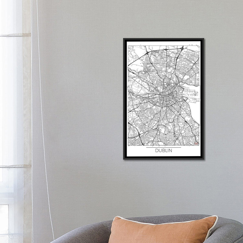 « dublin minimal urban blueprint map », impression sur toile, H 48 po x l 32 po x P 1,5 po, Toile avec cadre noir, Blanc