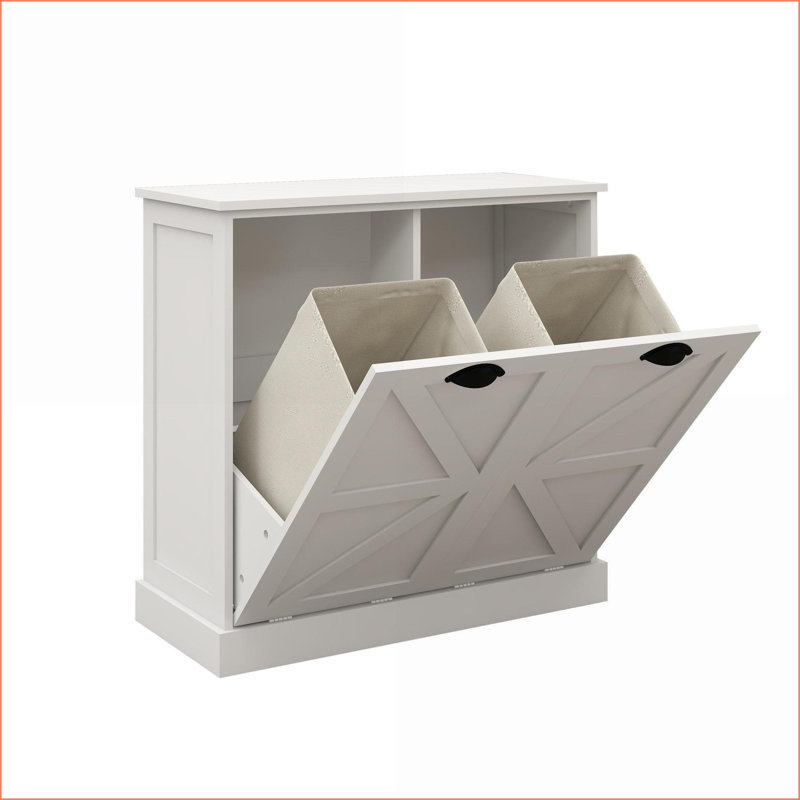Laundry Sorter Cabinet, Two-Compartment Tilt-Out with Removable Bags, Off-White | MDF | Laundry Room