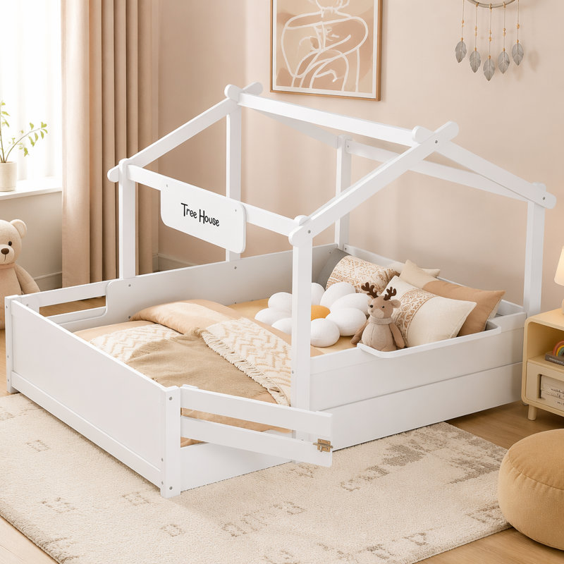 Lit double pleine grandeur en forme de maison avec garde-corps, plateau intégré et panneau personnalisable pour enfants, blanc