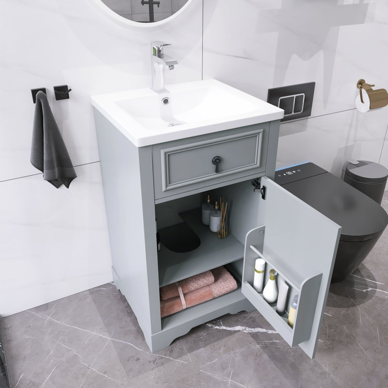 Petit meuble-lavabo autoportant moderne 20 "avec lavabo en céramique, Gris, Métal industriel