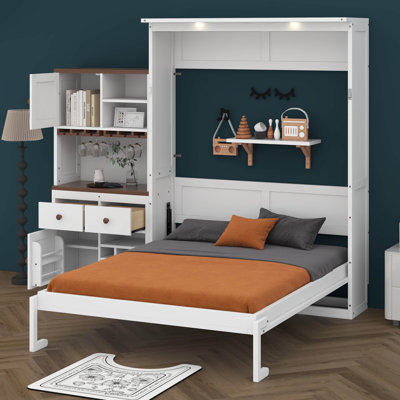 Queen Size Murphy Bed With Storage Cabinet, Wall Bed Cabinet With Wine Rack, Glass Holder, Drawers And Multi-Color LED Strip by SENXINGYAN