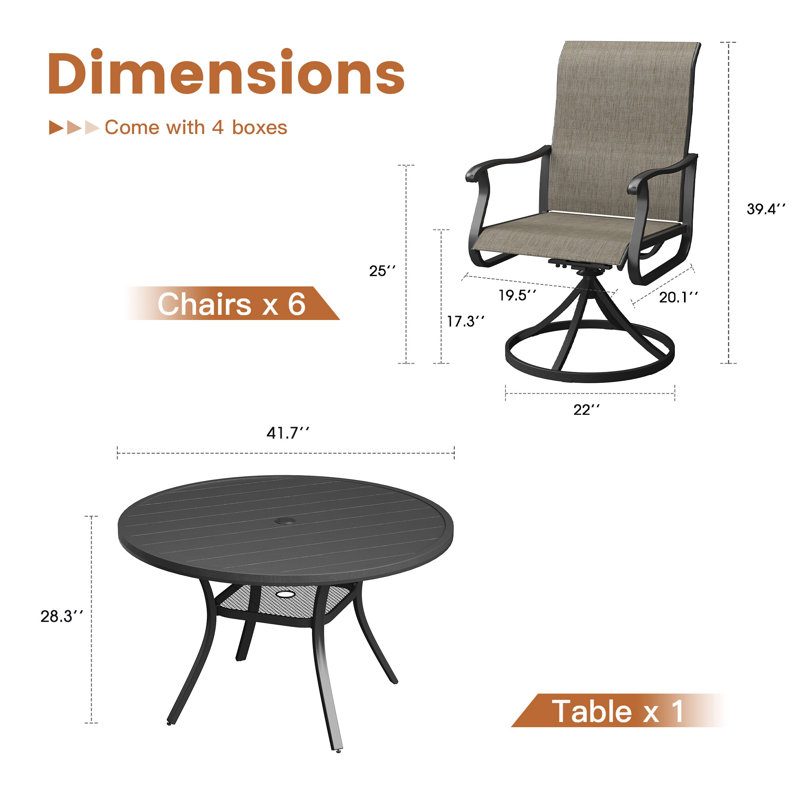 Ensemble de salle à manger pour 4 personnes avec table ronde en métal et chaises pivotantes en textilène, Tanné
