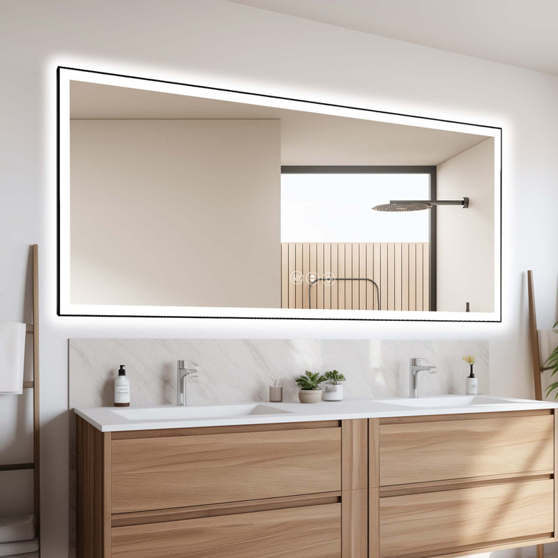 Miroir de salle de bain moderne sans cadre avec fonction de désembuage et lumière réglable, 30 po x 48 po, Horizontale