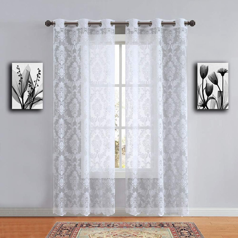 Pair Of Color Knitted Lace Curtains With 6 Grommets Per Panel, Ivory, 38" W x 63" L 