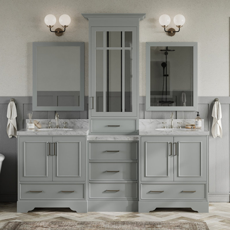 Ensemble de meuble-lavabo double 85 po avec miroir Abshire, Gris