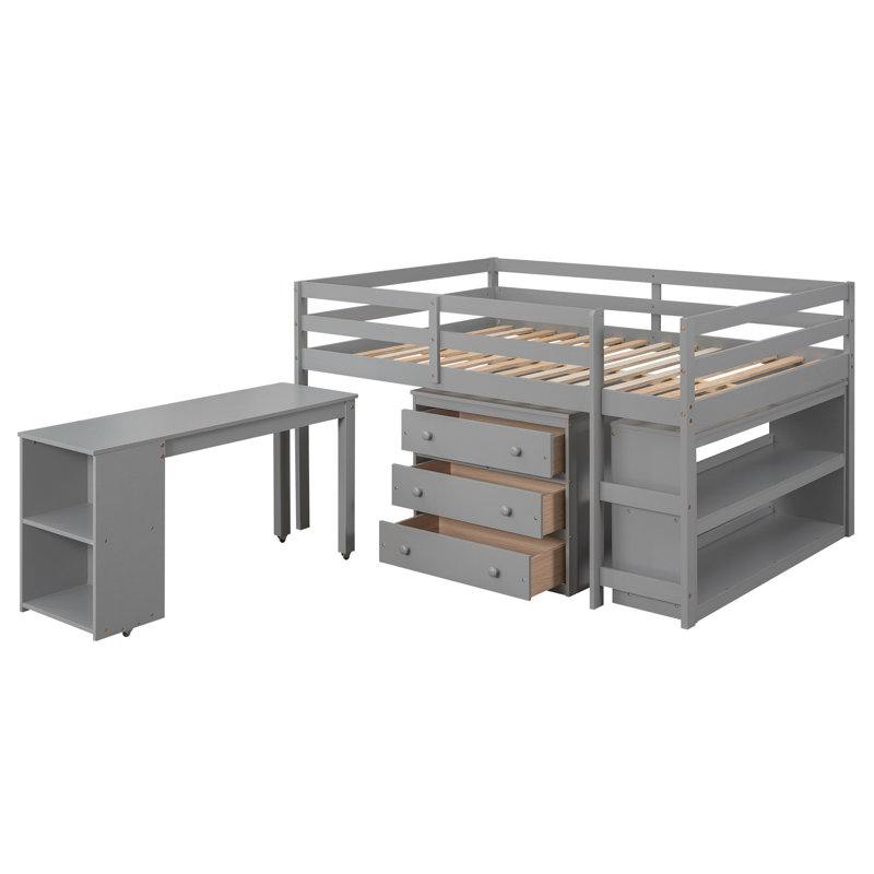 Bed Frame, Loft Bed With Shelves And Rolling Portable Desk, Grey